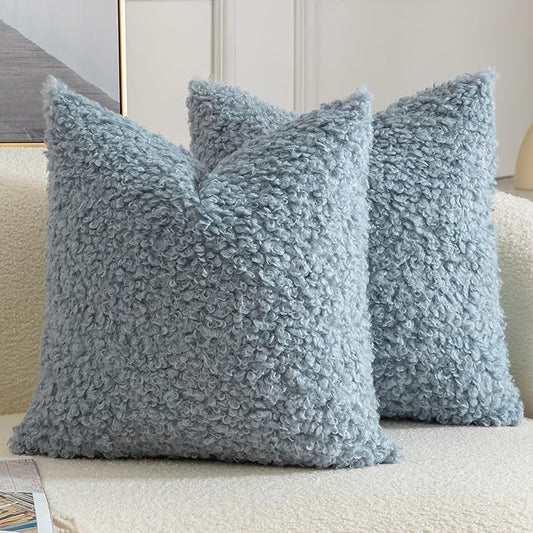 Yaertun Pack of 2 Faux Fur Throw Pillow Covers Decorative Sherpa Boucle Pillow Covers Fuzzy Soft Pillowcases Sheepskin Fleece Cushion Case for Couch Sofa Bed Living Room 20x20 Inch Light Blue
