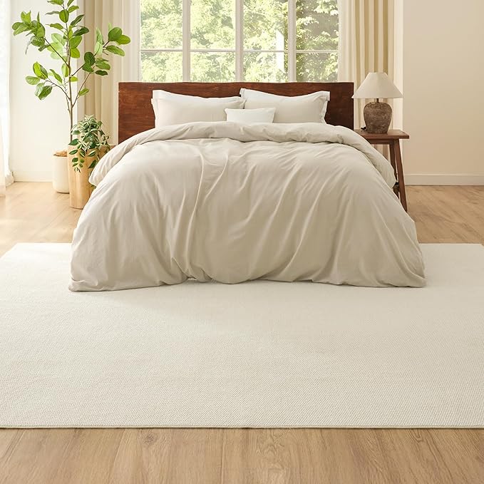 Bedsure 6x9 Faux Wool Area Rugs for Living Room, Machine Washable Carpet, Non-Slip Backing, Pet Friendly Throw Rug for Bedroom Dining Room, Linen