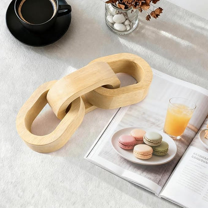 Wood Chain Link Decor, 3 Link Wooden Chain Sculpture for Farmhouse Home Decor, Natural Wood Shelf Decor for Coffee Table, Entryway, Living Room, Bedroom, Rustic Neutral Accent