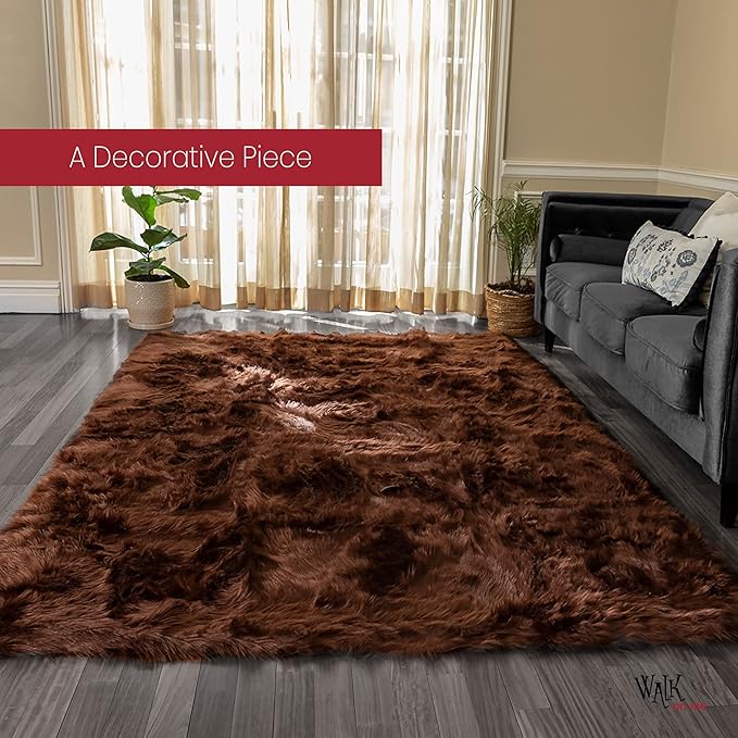 Silky Soft Faux Fur Rug, 6 ft. x 9 ft. Brown Fluffy Rug, Sheepskin Area Rug, Rectangle Rug for Living Room, Bedroom, Kid's Room, or Nursery, Home Décor Accent, Machine Washable with Non-Slip Backing