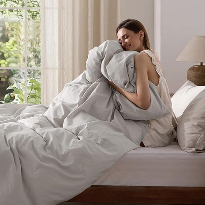 Bedsure 100% Washed Cotton Duvet Cover King - Light Grey Minimalist Cotton Duvet Cover Linen Like for All Seasons - GentleSoft™ Plain Simple Bedding (King, 104"x90")
