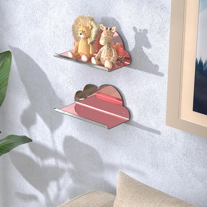 NiHome 2-Pack Rose Gold Mirror Finish Cloud-Shaped Acrylic Floating Shelves - Stylish Wall Decor for Bedrooms, Bathroom Vanity & More - Versatile Mirrored Shelves for Decorative Display and Storage