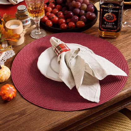 AHHFSMEI Round Braided Placemats 15 Inch Round Table Mats for Dining Tables Natural Woven Heat Resistant Place mats Set of 8 (Burgendy Red,8)