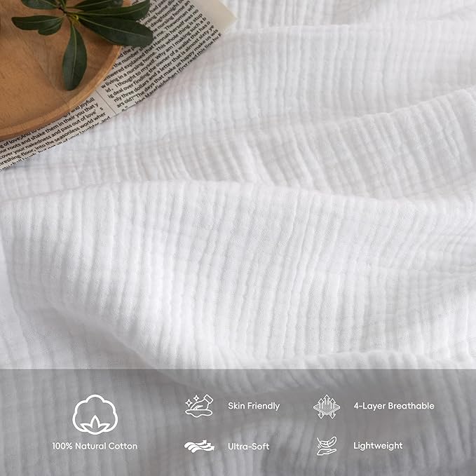 FOSSA Muslin Blanket with Fringe - 4-Layer 100% Cotton Gauze Super Soft & Breathable Throw -Lightweight Decorative Cooling Blanket for Bed, Sofa, Office (Bright White, King (104" × 90"))