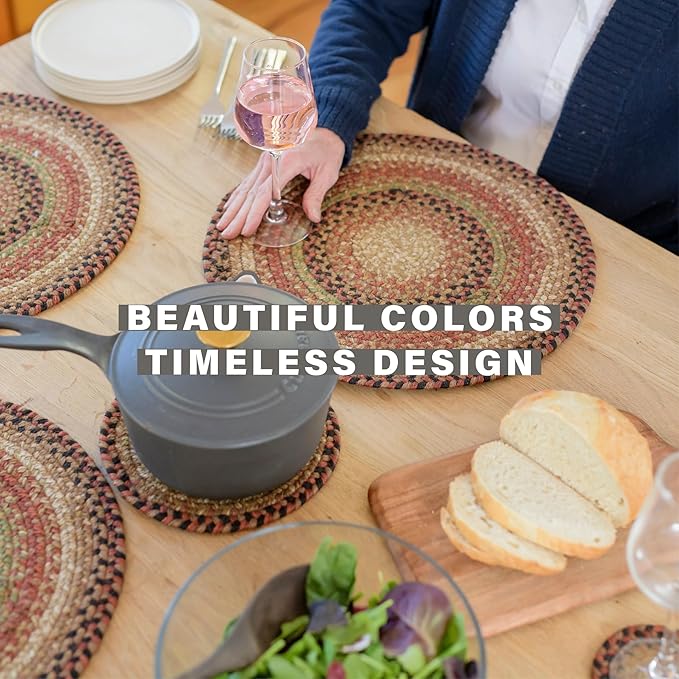 Homespice Gingerbread Premium Jute Braided Placemat Set of 4-10x15 Rectangular Multi Color Reversible, Natural Jute Yarn Rustic, Country, Primitive, Farmhouse Style