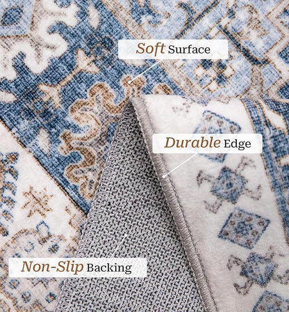 zesthome 7x9 Area Rug, Super Soft Washable Rugs for Living Room, Non-Slip Stain Resistant Vintage Rugs, Ultra-Thin Large Area Rugs (Blue/Beige,7'x9')