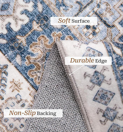 zesthome 4x6 Rug - Stain Resistant Washable Rug, Anti Slip Backing Rugs for Living Room, Foldable Vintage Small Area Rugs (Blue/Beige,4'x6')