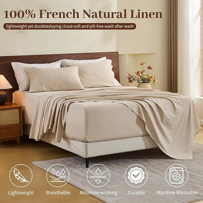 MEISHANG 100% French Pure Linen Sheets King Size - 6 PC Extra Deep Pocket Sheet Set, Soft Durable Flax Linen, Anti-Tear Breathable & Oeko-Tex Certified 18-24 Deep Pocket,All Season(Linen)