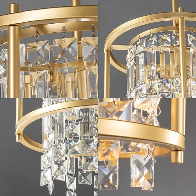 LMQNINE Modern Foyer Chandelier, Gold Crystal Chandelier Entryway Pendant Light Fixture, Round Adjustable Height Chandeliers for Kitchen Island, L11.81'' x H7.87''
