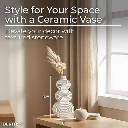 Decorative Flower Vase for Home Decor – Ceramic Modern Flower Vase with Stacked Design, Stylish Table Centerpiece for Living Room or Entry Display, Boho for Faux Flowers and Greenery – 10", White