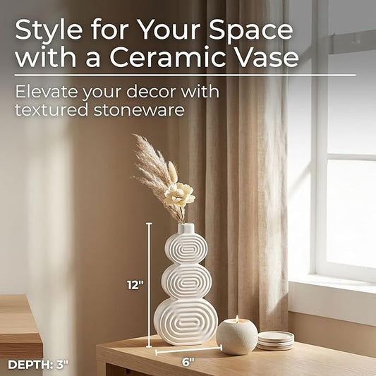 Decorative Flower Vase for Home Decor – Ceramic Modern Flower Vase with Stacked Design, Stylish Table Centerpiece for Living Room or Entry Display, Boho for Faux Flowers and Greenery – 10", White