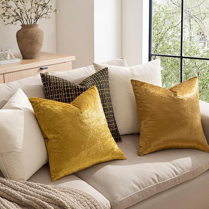 MIULEE Velvet Throw Pillow Covers 18x18 Inch, Pack of 2 - Golden, Super Soft Decorative Square Cushion Cases Modern Luxury Home Decor for Sofa, Couch, Bed, Chair