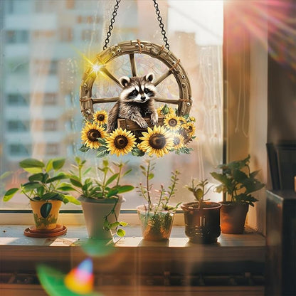 Bimkole Raccoon Sun Catchers Indoor Window - Sunflowers Acrylic Suncatcher Hanging Decoration for Living Room Bedroom Summer Home Balcony Outdoor Garden Ornaments Decoration 7.8x7.8 Inch
