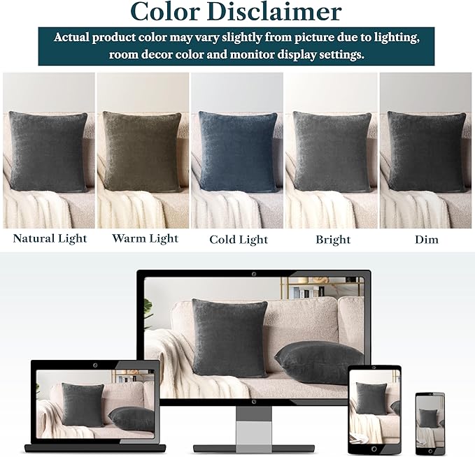 PAVILIA Dark Gray Throw Pillow Covers 18x18 Set of 2, Decorative Pillow Cases for Bed Sofa Couch, Boho Aesthetic Accent Decor Cushion for Bedroom Living Room, Velvet Square Euro Sham Covers, Dark Grey