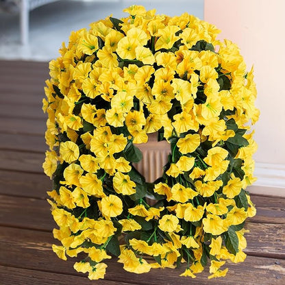 HyeFlora Artificial Fake Hanging Flowers Plants for Outdoor Outside Decoration, 2PCS Faux Silk UV Resistant Look Real Yellow Morning Glory Trailing Vines for Home Planter Porch Patio Balcony