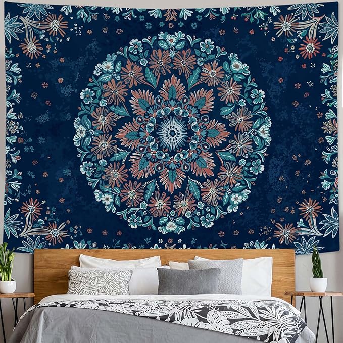 Fowocu Boho Floral Mandala Tapestry Wall Hanging Blue Bohemian Flower Medallion Tapestry Aesthetic Vintage Navy Hippie Indian Large Tapestries for Bedroom Living Room Dorm Decor 80 x 60 Inch