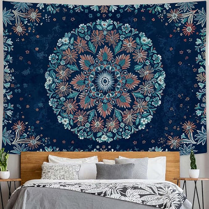 Fowocu Boho Floral Mandala Tapestry Wall Hanging Blue Bohemian Flower Medallion Tapestry Aesthetic Vintage Navy Hippie Indian Large Tapestries for Bedroom Living Room Dorm Decor 80 x 60 Inch
