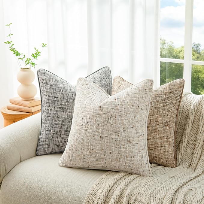 a moment Christmas Beige Reversible Pillow Covers 2 Pack - Farmhouse Chenille Throw Pillows, Neutral Textured Decorative Throw Pillow Covers with Border for Couch Sofa Bed (18x18 Inch, No Insert)