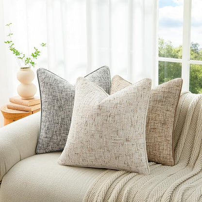 a moment Christmas Beige Reversible Pillow Covers 2 Pack - Farmhouse Chenille Throw Pillows, Neutral Textured Decorative Throw Pillow Covers with Border for Couch Sofa Bed (18x18 Inch, No Insert)