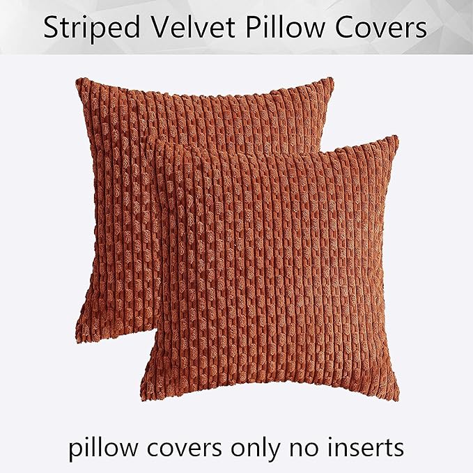 Kevin Textile Fall Pack of 2 Corduroy Decorative Throw Pillow Covers 16x16 Inch Soft Boho Striped Pillow Covers Modern Farmhouse Home Decor for Sofa Living Room Couch Bed Rust