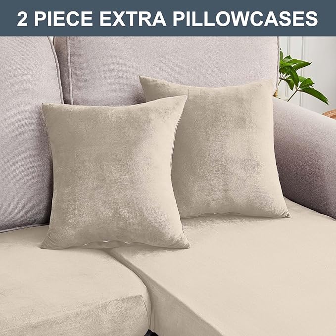 Couch Cover 4-Piece Elastic Velvet Couch Cushion Covers & Chaise Slipcovers for L-Shaped Sofas - Sofa Seat Covers Washable, Soft Protector for Couches (3 Seater + Chaise, Ivory)