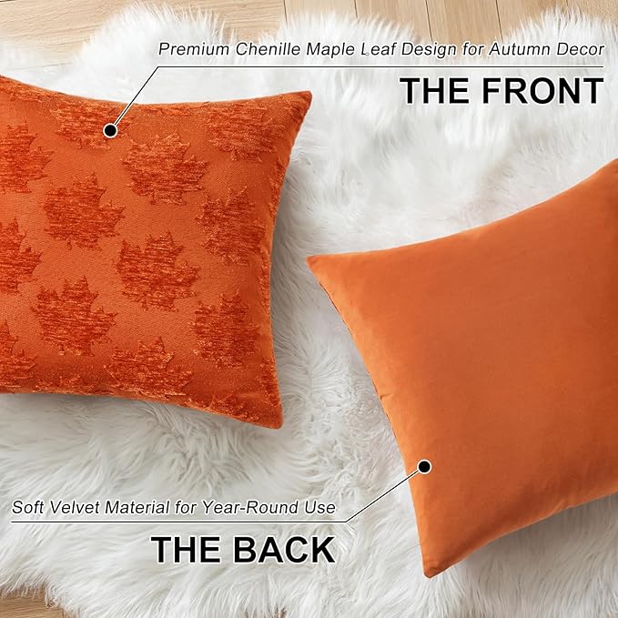decorUhome Decorative Rust Maple Leaf Thanksgiving Throw Pillow Covers 18x18 Set of 2, Soft Chenille Jacquard Farmhouse Textured Pillow Covers for Couch Bed Sofa Autumn Harvest Halloween Holiday