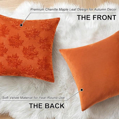 decorUhome Decorative Rust Maple Leaf Thanksgiving Throw Pillow Covers 18x18 Set of 2, Soft Chenille Jacquard Farmhouse Textured Pillow Covers for Couch Bed Sofa Autumn Harvest Halloween Holiday