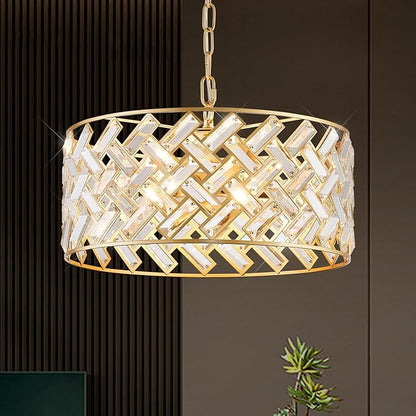 Gold Crystal Chandelier, 18" Modern Drum Ceiling Light Fixture, Luxury 6-Light K9 Crystal Pendant Lighting, Convertible Semi Flush Mount Hanging Light for Dining Room, Living Room, Bedroom, Kitchen