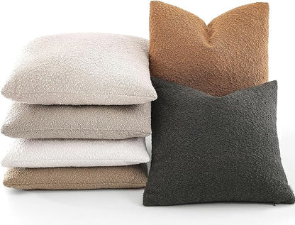 Boucle Decorative Throw Pillow Covers for Couch Set of 2, 20x20 inches, Tobacco