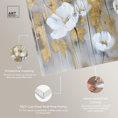 Art Remedy Golden Daisies Canvas Elegant White Gold Wall Art, Gallery Wrapped, 20" x 20"
