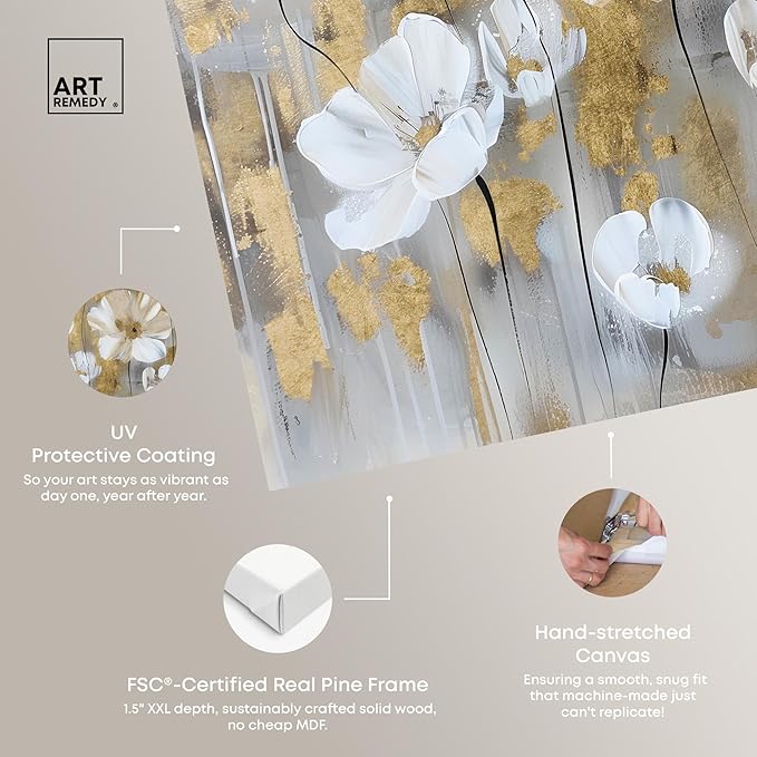 Art Remedy Golden Daisies Canvas Elegant White Gold Wall Art, Gallery Wrapped, 24" x 24"