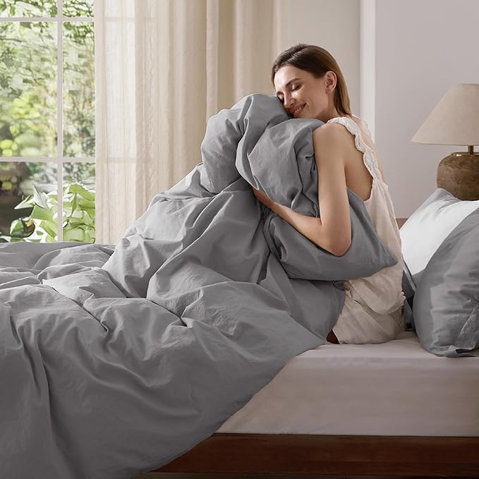 Bedsure 100% Washed Cotton Duvet Cover Queen Size - Grey Minimalist Cotton Duvet Cover Linen Like for All Seasons - GentleSoft™ Plain Simple Bedding, 3 Pieces (Grey, Queen, 90"x90")