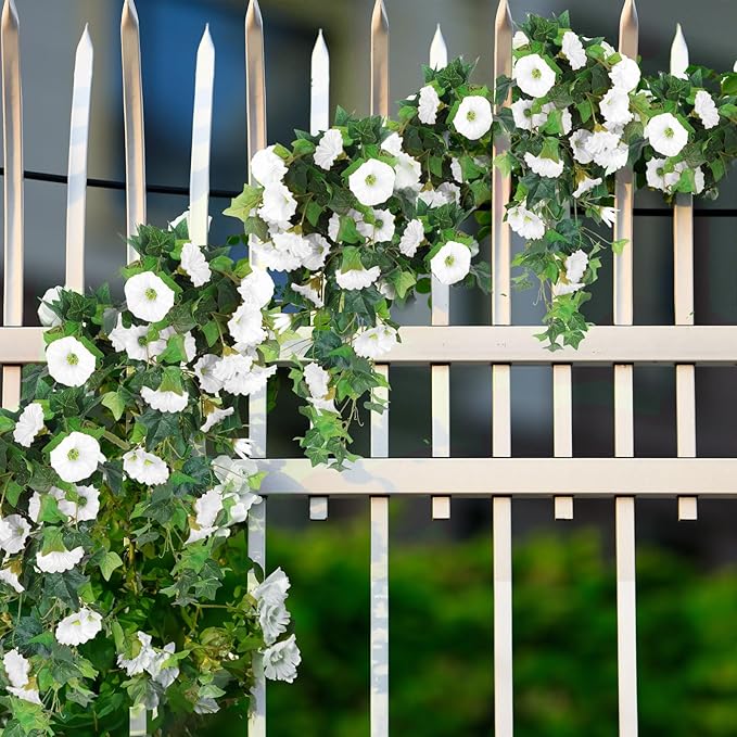 RECUTMS Artificial Fake Hanging Flowers Plants for Outdoor Spring Decor, 2 Pcs UV Resistant Faux Petunias Trailing Plants Realistic Flower Look Real for Door Wall Yard Porch Garden Planter (White)