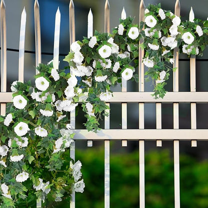 RECUTMS Artificial Fake Hanging Flowers Plants for Outdoor Spring Decor, 2 Pcs UV Resistant Faux Petunias Trailing Plants Realistic Flower Look Real for Door Wall Yard Porch Garden Planter (White)
