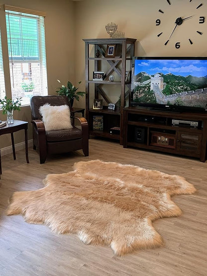 LAMBZY Faux Sheepskin Super Soft Hypoallergenic Silky Shag Rug for Living Room, Kids Room, Sofa (Sexto 6 Pelts 6'x6', Beige)