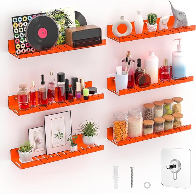 6 Pack Floating Shelves –15'' Orange Acrylic/PET Wall-Mounted No Drill Storage with Adhesive, Bathroom & Bedroom Shelving for Kitchen, Living Room, Home Decor