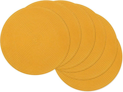 SHACOS 15 inch Round Braided Placemats Set of 6 Non Slip Washable Kitchen Table Place Mats Cotton Polyester Heat Resistant Table Mats for Home Wedding Dinner Party Table Decor, Mustard Yellow