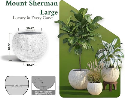 DTY Signature Mount Sherman Modern Indoor Outdoor Fiberstone Sphere Planter, Durable Round Garden Pot, Weather Resistant, Drainage Hole & Rubber Plug (Ribbed White, Large)