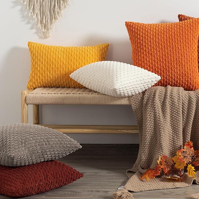 Kevin Textile Pack of 2 Corduroy Decorative Throw Pillow Covers 18x18 Inch Soft Boho Striped Pillow Covers Modern Farmhouse Home Decor for Spring Sofa Living Room Couch Bed Light Brown