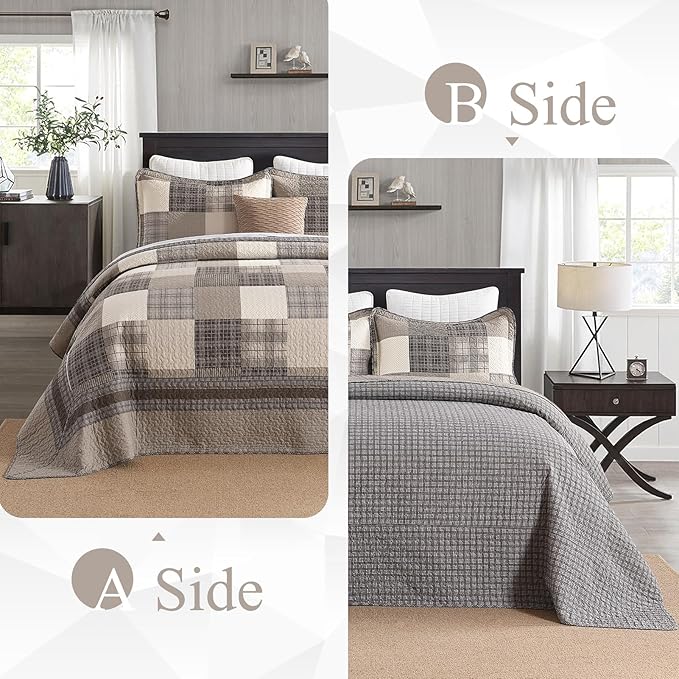Oversized King Bedspread 128"x120" - 100% Cotton Lightweight California King Quilt with 2 Pillowshams, Farmhouse Plaid Extra Wide Quilted Bedding Bed Spreads Coverlet, Brown/Beige/Khaki
