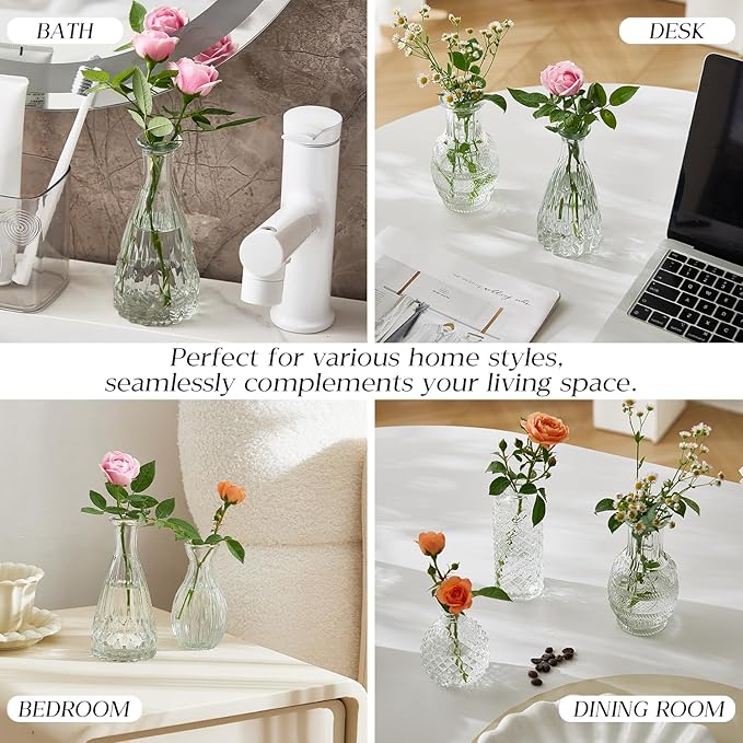 Glass Bud Vase Set of 20 - Small Vases for Flowers in Bulk - Assorted Vintage Crystal Vases for Flowers, Table Centerpieces (Clear, 20 Pcs)