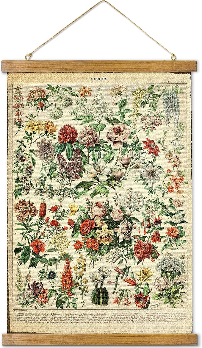 ABoby Vintage Wildflowers Hanging Poster, Retro Style of Botanical Wall Art Prints, Printed on Linen with Wood Frames, Ready to Hang