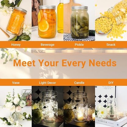 CycleMore Wide Mouth Mason Jars 32 oz, 12 Pack Large Glass Mason Jar with Metal Airtight Lids and Bands, 1 Quart Canning Jars for Pickling, Fermenting, Food Storage & DIY Projects