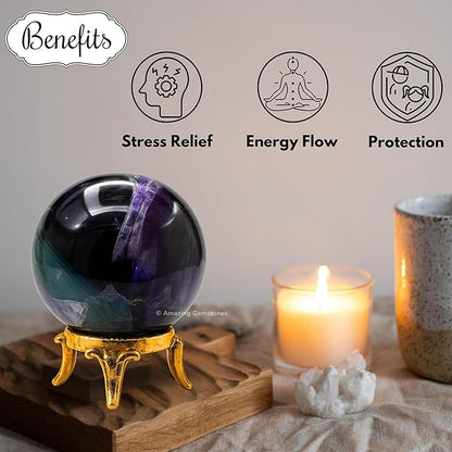 Amazing Gemstone Fluorite Crystal Ball with Stand - 1.5 Inches Crystal Sphere Meditation Balls for Witchcraft and Decorative Balls