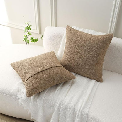FUTEI Pack of 2 Khaki Decorative Throw Pillow Covers 24x24 Inch Soft Cozy Solid Boucle Textured European Cushion Case,Modern Home Decor for Couch Bed Living Room
