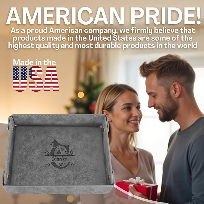 Engraved Christmas Gray Leather Valet Tray – Personalized Rectangle Catchall Organizer for Wallet, Keys, and Jewelry – Gift for Men, Dad, Couples – Dresser Top or Coffee Table Tray Decor
