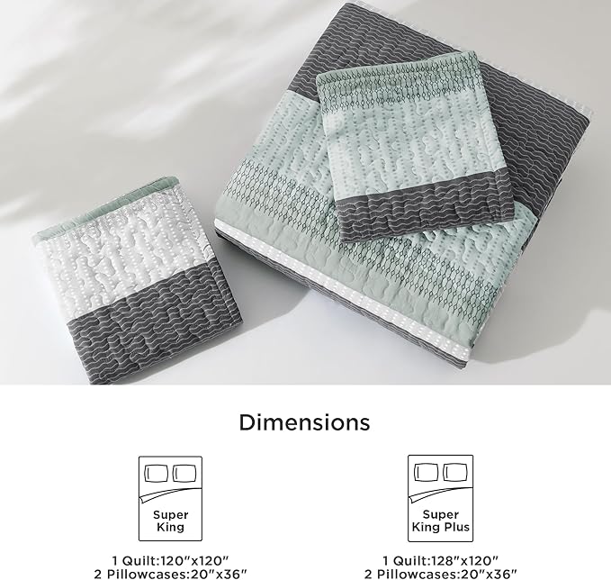 Litanika Oversized King Quilt Set Sage Green, 128x120 Stripe Bedspread Coverlet 3 Pieces, Sage Green Lightweight Quilted Bedding Set for All Season(Super King Plus-1 Quilt, 2 Pillowcases)