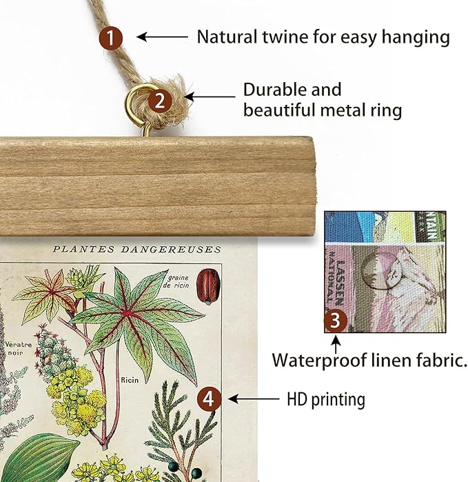 XIAOAIKA 2 Pack Vintage Plants Poster Hanger Frame, Retro Style Wall Decor Art Painting, Patterns are Printed on Linen Without Fading, Scrolls Made of Fir are Durable (16 x 23 inch)