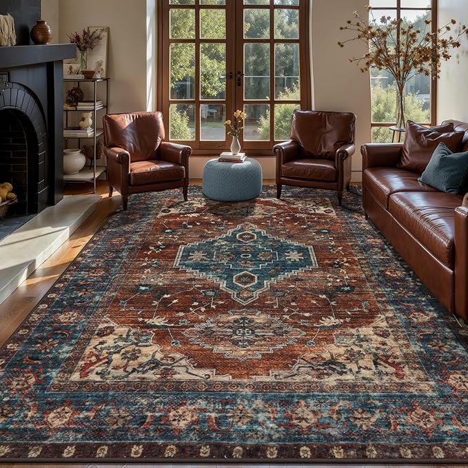 Tangsoo 6x9 Area Rug Washable Rugs for Living Room, Oriental Indoor Non Slip Large Area Rugs, Vintage Print Carpet, Soft Low Pile Foldable Floor Rug for Bedroom Dining Room Dorm