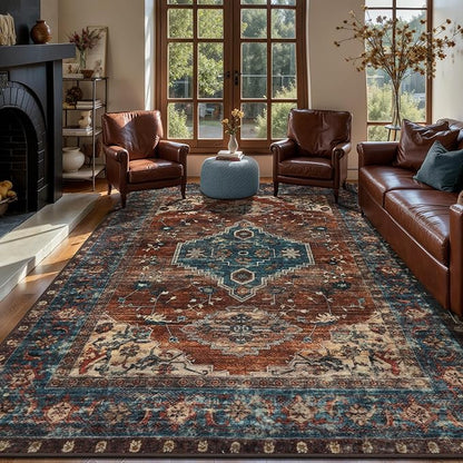 Tangsoo 6x9 Area Rug Washable Rugs for Living Room, Oriental Indoor Non Slip Large Area Rugs, Vintage Print Carpet, Soft Low Pile Foldable Floor Rug for Bedroom Dining Room Dorm